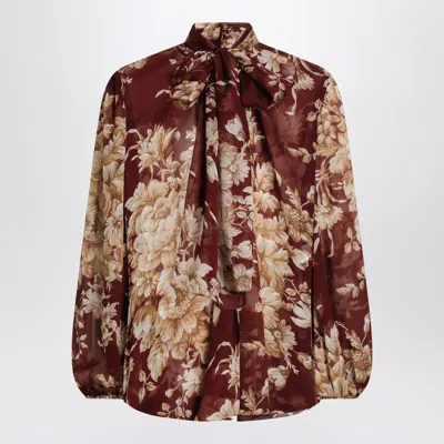 Dolce & Gabbana Chiffon Shirt With Rose Print In Brown