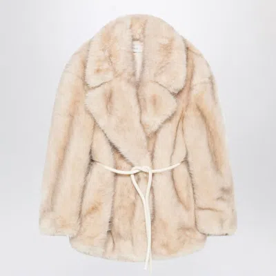 Sportmax Belted Faux Fur Coat With Long Sleeves In Neutral