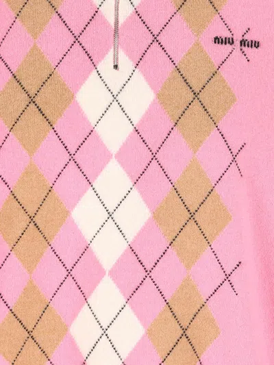 Miu Miu Argyle Pattern Polo Collar Knitwear Sweater In Animal Print