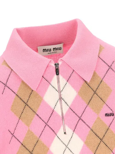 Miu Miu Argyle Pattern Polo Collar Knitwear Sweater In Animal Print