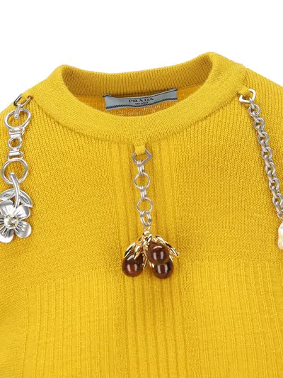 Prada Chain Embroidered Wool Knit Short-sleeve Sweater In Multi
