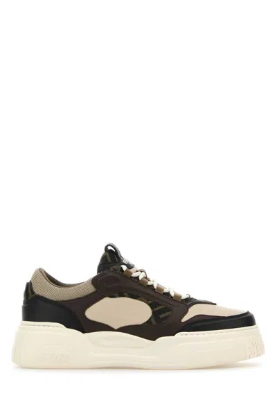 Fendi Force Leather Sneakers With Ff Jacquard And Mesh Details Shoes In Multi