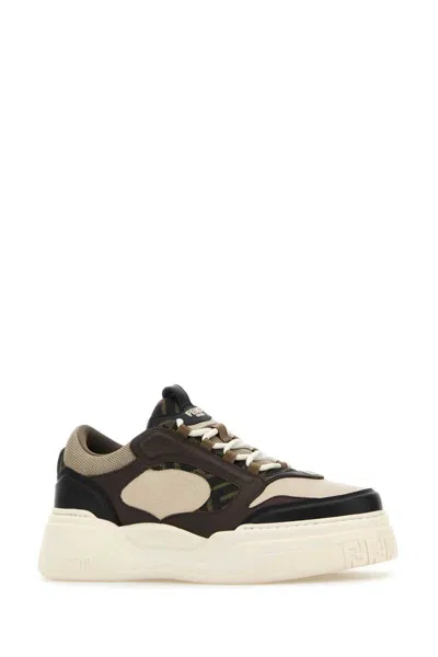 Fendi Force Leather Sneakers With Ff Jacquard And Mesh Details Shoes In Multi