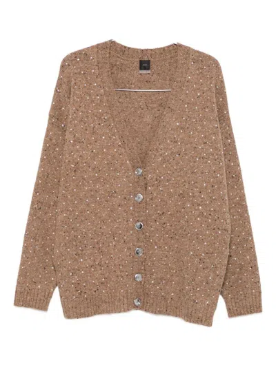 Pinko Bouclé Fabric Cardigan With Rhinestones In Brown