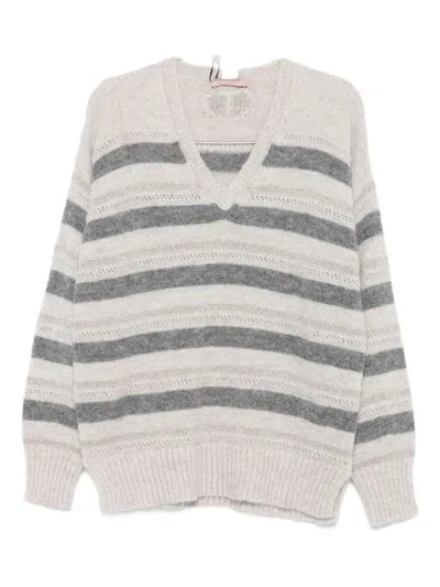Twinset Horizontal Striped Knit Sweater With V-neckline In White
