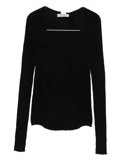 Twinset Fitted Black Ribbed Sweater With Deep V-neckline In Black