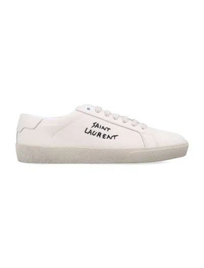 Saint Laurent Court Classic Distressed Logo-embroidered Canvas And Leather Sneakers In White