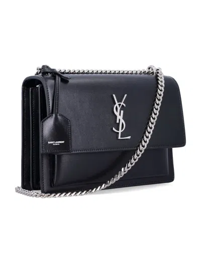 Saint Laurent Sunset Medium Smooth Leather Bag With Chain Strap In Black