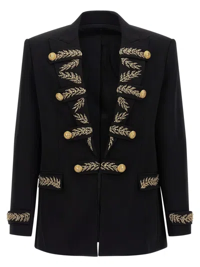 Balmain Blazer With Leaf Embroidery And Gold Buttons In Black