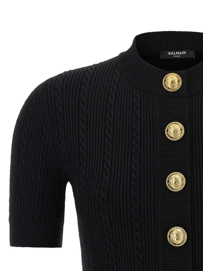 Balmain Women Black Crewneck Cardigan With Jewel Buttons In Viscose Blend Woman In Multi
