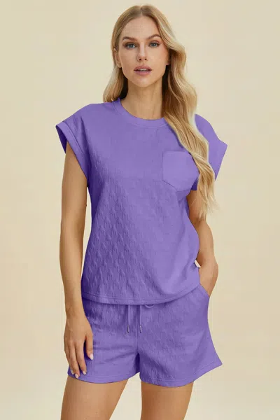 Truedames Full Size Pocketed Texture Round Neck Top And Shorts Set In Purple