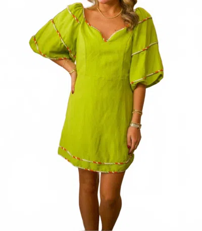 Karlie Multi Trim Sweetheart Puff Sleeve Dress In Citrine In Green