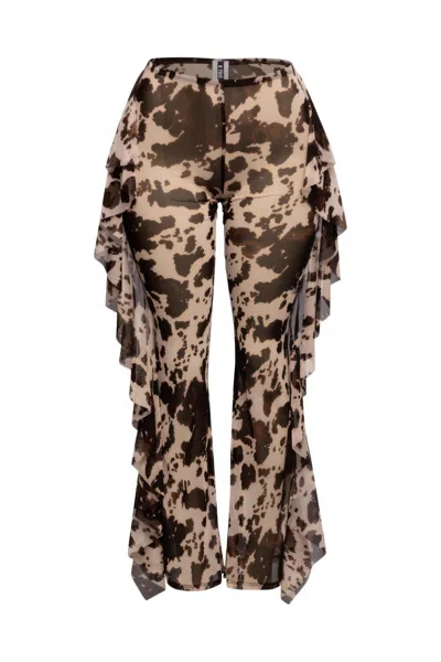 Truedames Side Ruffle Detailed Printed Mesh Pants In Brown
