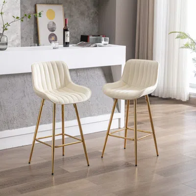 Streamdale Furniture Streamdale Velvet Counter Stool Duo With Golden Legs And Chrome Footrest In White
