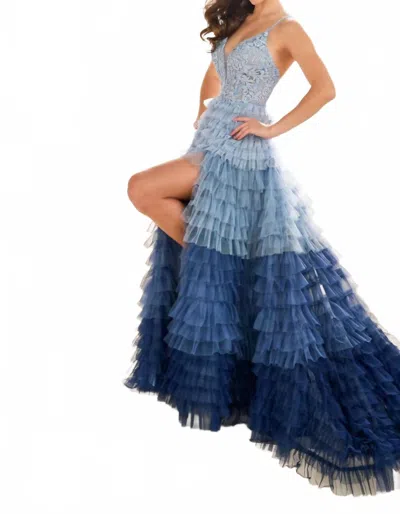 Ellie Wilde Ombre Layered Tulle A-line Gown In Denim Blue In Blue