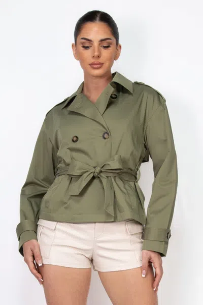 Truedames Double-breasted Waist-tie Trench Coat In Green