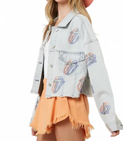 Jodifl Licensed Rolling Stones Sequin Tongues Denim Crop Jacket In Multi