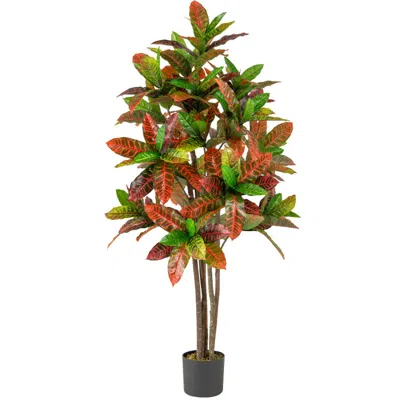 Hivvago 5ft Artificial Croton Plant Faux Tree W/ Gradient Leaves & Pot Home Office Decor In Multi