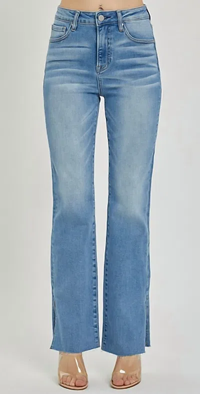 Risen High Rise Raw Cut Hem Bootcut Jeans In Medium Dark In Blue