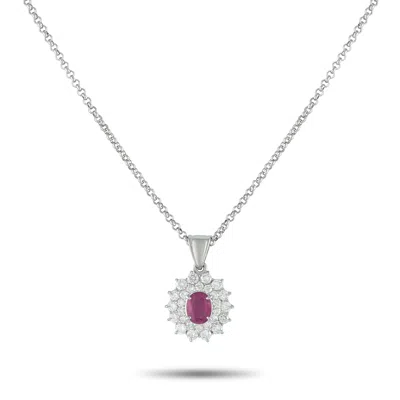 Lb Exclusive Platinum 1.24 Ct Diamond And 1.24 Ct Ruby Oval Double Halo Pendant Necklace Mf22-082225 In Gray
