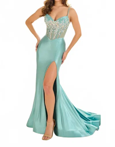 Ellie Wilde Beaded Stretch Knit Corset Mermaid Gown In Sea Glass In Multi