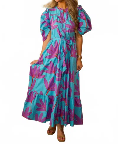 Karlie Palm Leaf Tier Button Tie Maxi Dress In Turquoise In Blue