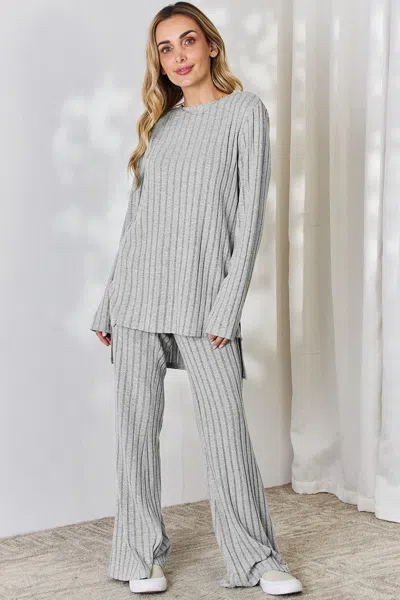 Truedames Full Size Ribbed High-low Top And Wide Leg Pants Set In Gray