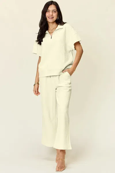 Truedames Full Size Texture Half Zip Short Sleeve Top And Pants Set In White