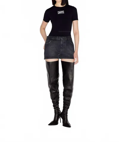 Jean Paul Gaultier Denim Mini Skirt With Leather Pocket In Vintage Black In Black