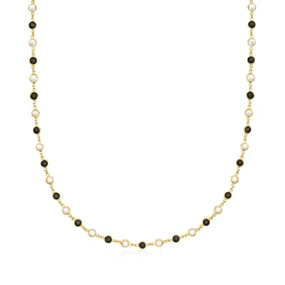 Ross-simons Bezel-set Onyx And 3.5-4mm Cultured Pearl Necklace In 18kt Gold Over Sterling In Black