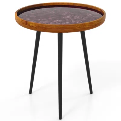 Hivvago 20 Inch Artisan Round Side Table Featuring Sea Shell Design And Epoxy Coating In Brown