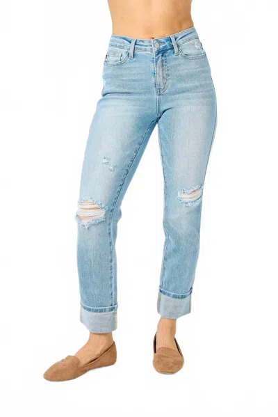 Judy Blue Mid Rise Americana Star Pocket Cuffed Boyfriend Jeans In Blue In Blue