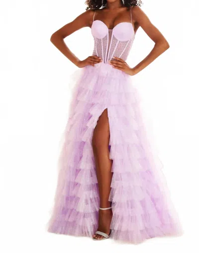Ellie Wilde Frosted Iridescent Tulle Corset A-line Gown In Lilac In Pink
