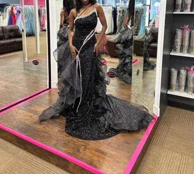 Vienna Prom One Shoulder Detail And Flowy Overskirt Gown In Black In Black