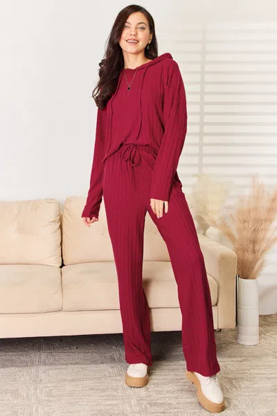 Truedames Full Size Ribbed Drawstring Hooded Top And Straight Pants Set In Burgundy
