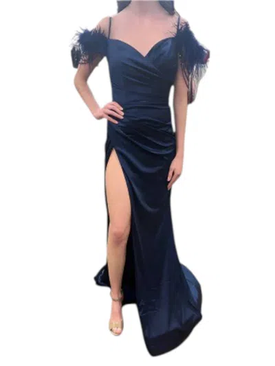 Vienna Prom Feather Off The Shoulder Maxi Slit Prom Gown In Navy In Blue