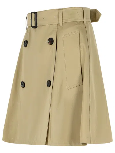 Burberry A-line Cotton Skirt With Belt And Pocket In Brown