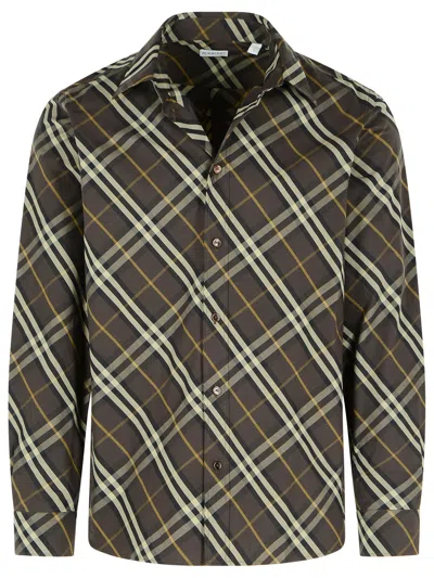 Burberry Long Sleeve Button-down Shirt With Plaid Design In Brown