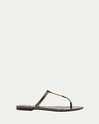 Saint Laurent Cassandra Leather Ysl Thong Sandals In Brown