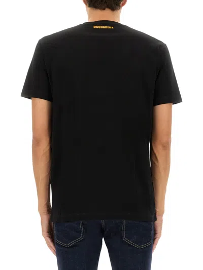 Dsquared2 Black Crewneck T-shirt With Print On The Front And Logo Lettering On The Rear In Black