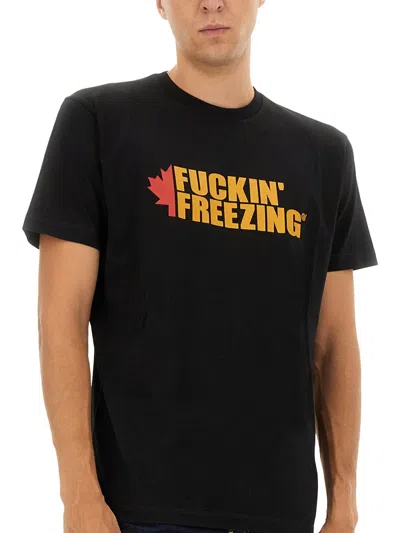 Dsquared2 Black Crewneck T-shirt With Print On The Front And Logo Lettering On The Rear In Black