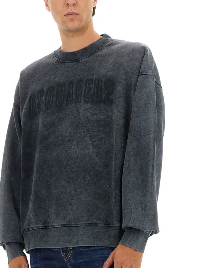 Dsquared2 Washed Grey Sweatshirt With Logo In Blue