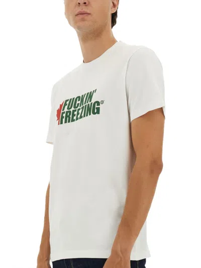 Dsquared2 White Crewneck T-shirt With Print On The Front And Logo Lettering On The Rear In White
