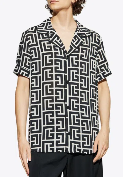 Balmain Monogram Printed Short-sleeved Shirt In Black