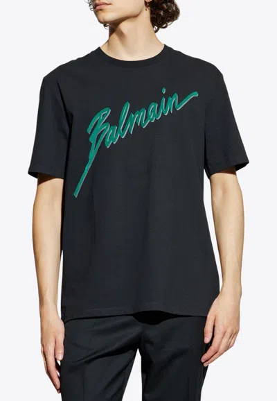 Balmain Black Crewneck T-shirt With Logo Lettering Print On The Front In Black