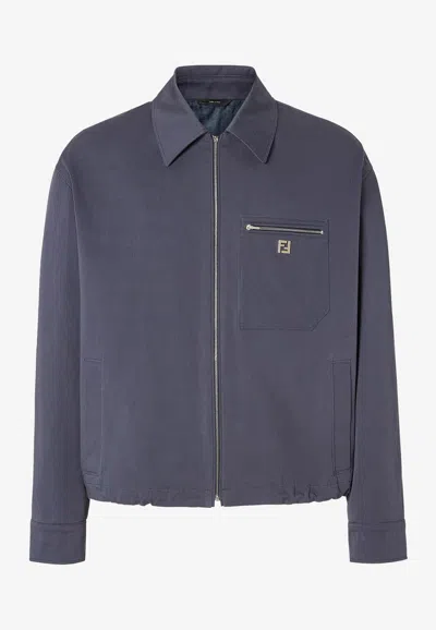 Fendi Men Cotton Jacket With Ff Detail In Blue