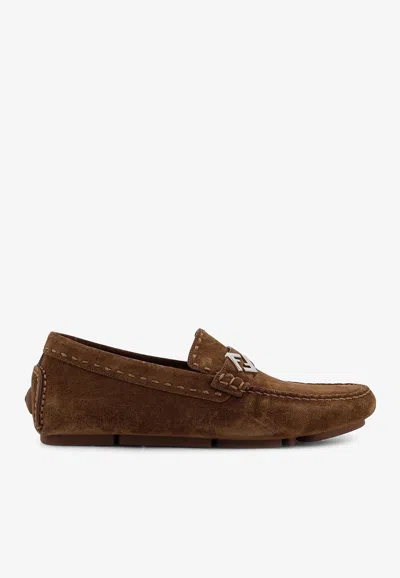 Fendi Men Driver Crosta Suede Loafers In Brown