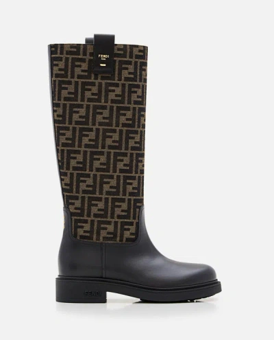 Fendi Tall Boots With Signature Monogram Pattern And Branded Detailing In Black
