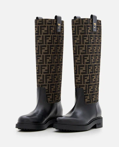 Fendi Tall Boots With Signature Monogram Pattern And Branded Detailing In Black