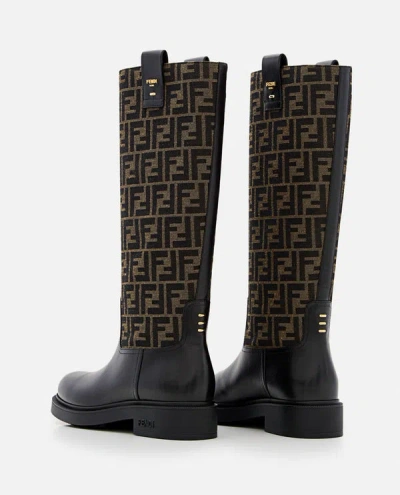 Fendi Tall Boots With Signature Monogram Pattern And Branded Detailing In Black